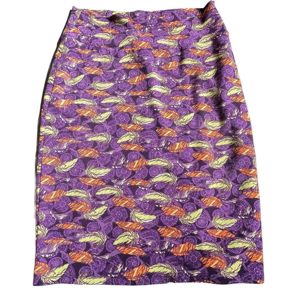 LuLaRoe Cassie Pencil Skirt Womens Size Large Purple Orange Yellow Feather
